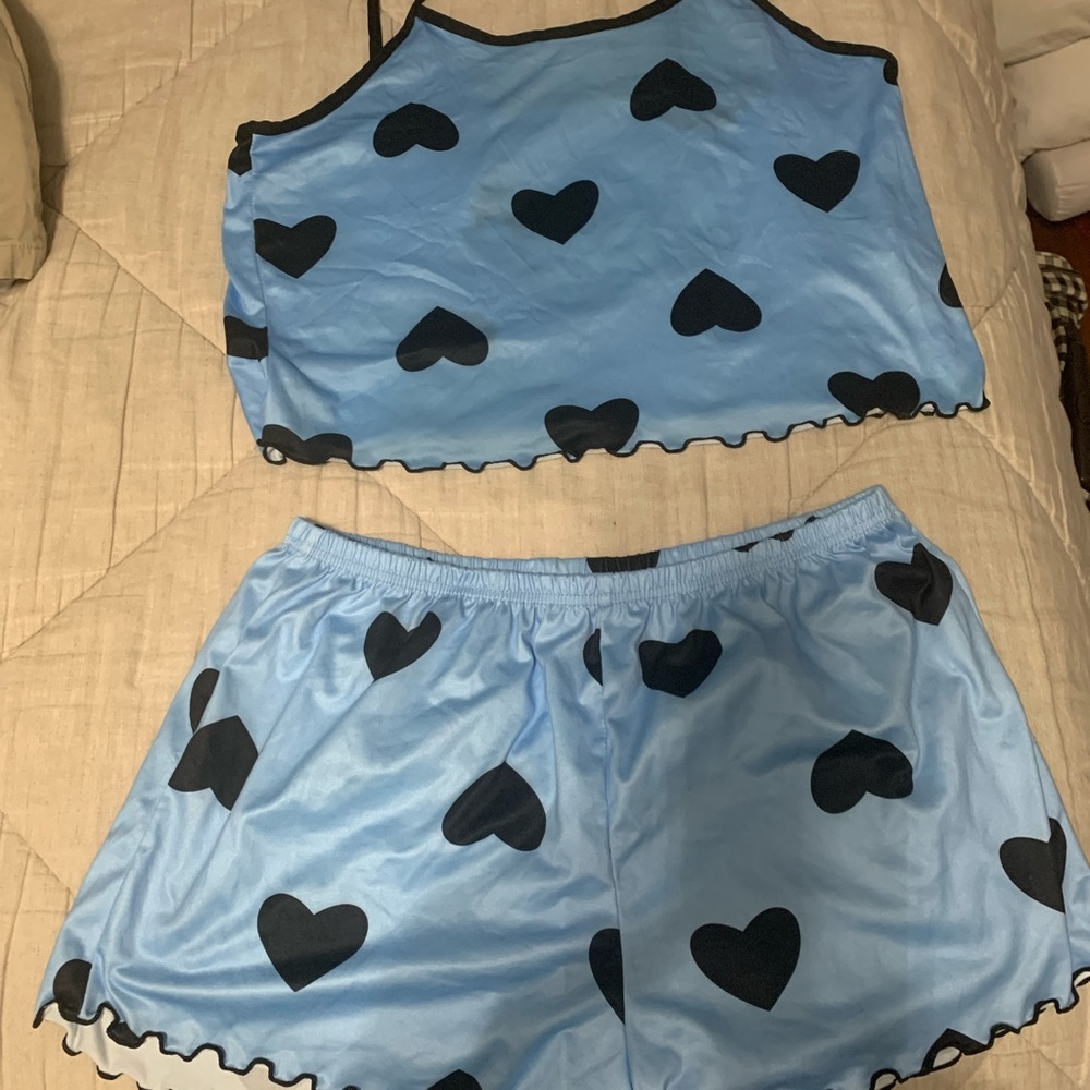Blue Heart Print Pajama Set
